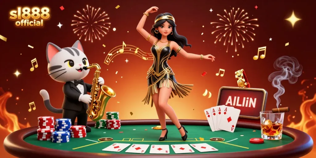 Experience winnings with sl888 official; vibrant 3D illustration of a glamorous casino scene.