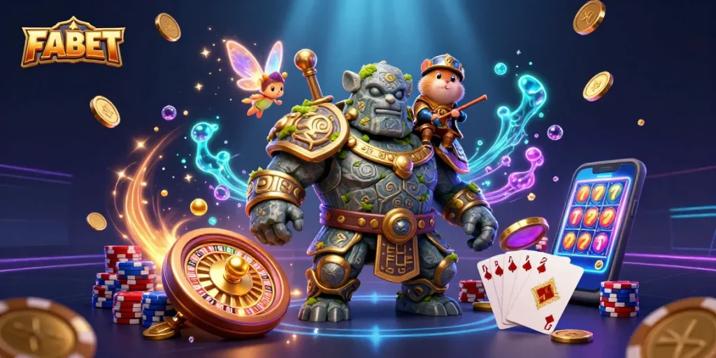Engage in thrilling gaming adventures at FABET with vibrant characters and sparkling casino elements.