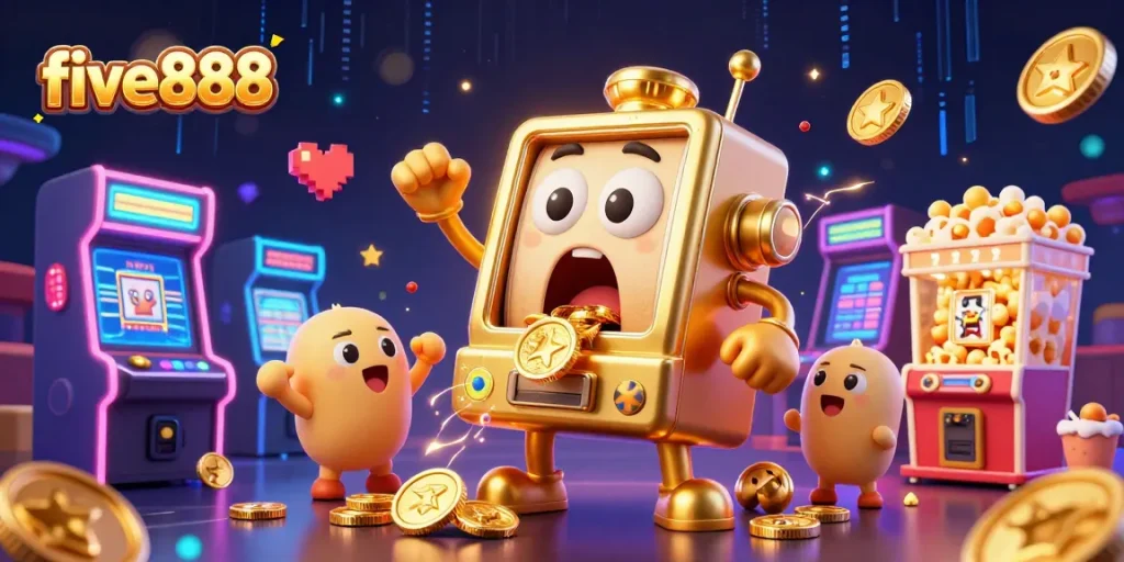 cheering baby slot machines celebrate as the five888 golden slot machine hits a jackpot with coins pouring out