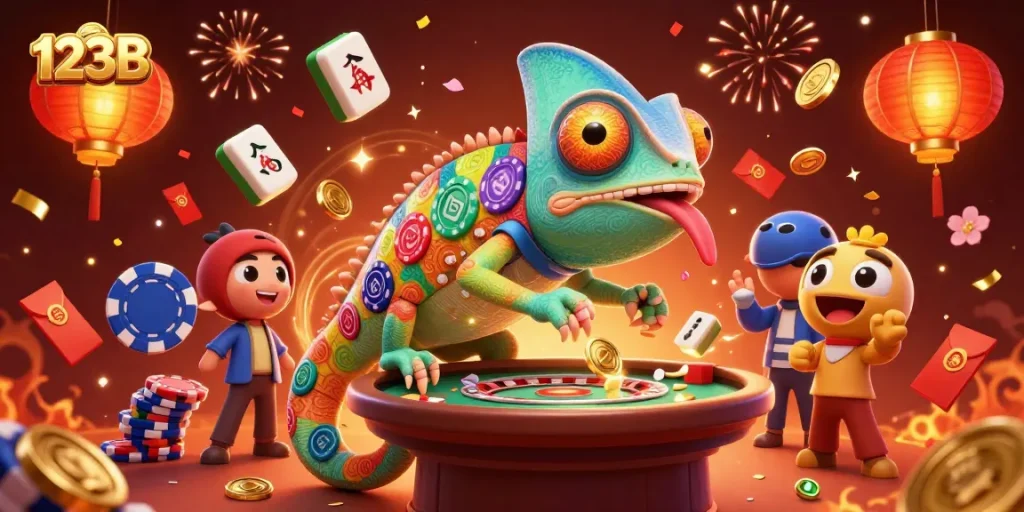 Experience thrilling winning moments at 123B with vibrant casino elements and a dynamic chameleon host.