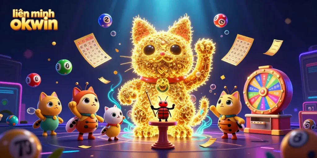 Experience the excitement of liên minh okwin with dynamic casino elements and a magical lucky cat in a vibrant illustration.