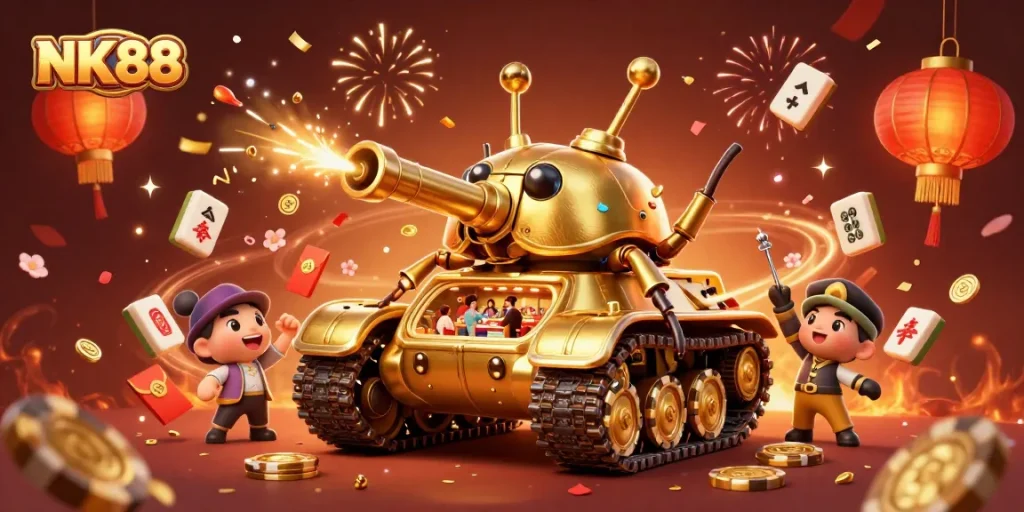 Experience interactive gameplay at NK88 with a golden beetle tank revealing a mini casino.