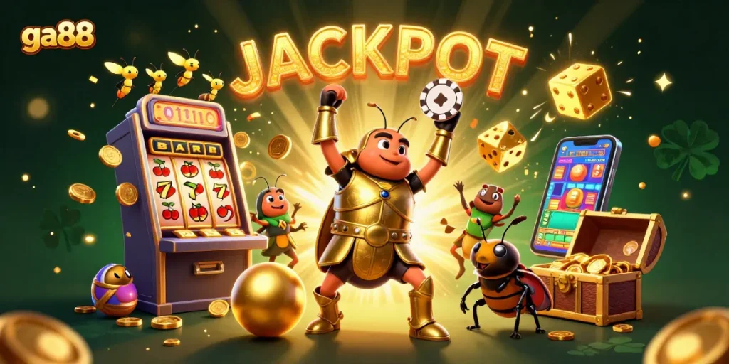 Engage with GA88's thrilling world, spotting a heroic beetle celebrating victory in the casino.