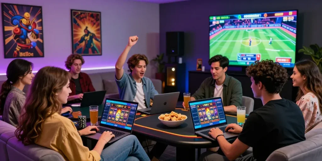 Friends enjoying an immersive gaming experience on 181bet in a vibrant online casino setting.