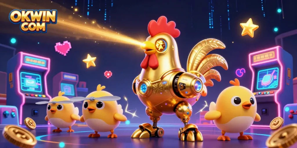 Engage with OKWIN COM's exciting golden rooster robot shooting lasers amidst vibrant casino elements.