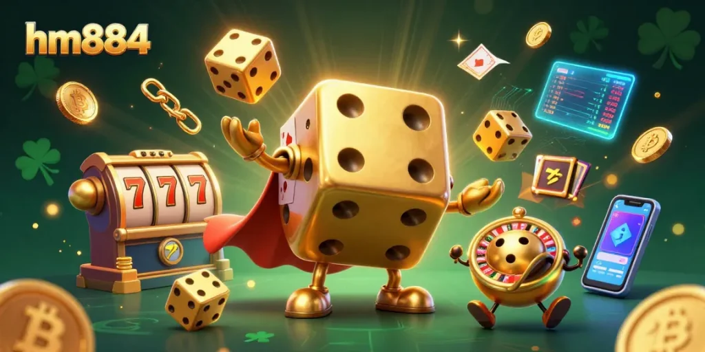 Experience thrilling gameplay with hm884 in a vibrant online casino environment featuring gold dice and jackpots.