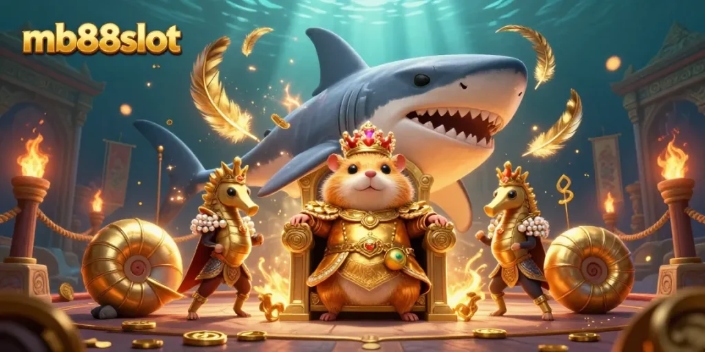 Engage in mb88slot gaming with a golden hamster king amid a vibrant underwater casino scene.