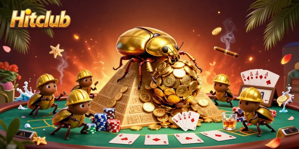 Join the excitement at Hitclub as beetles roll coins and poker chips in a vibrant casino scene.