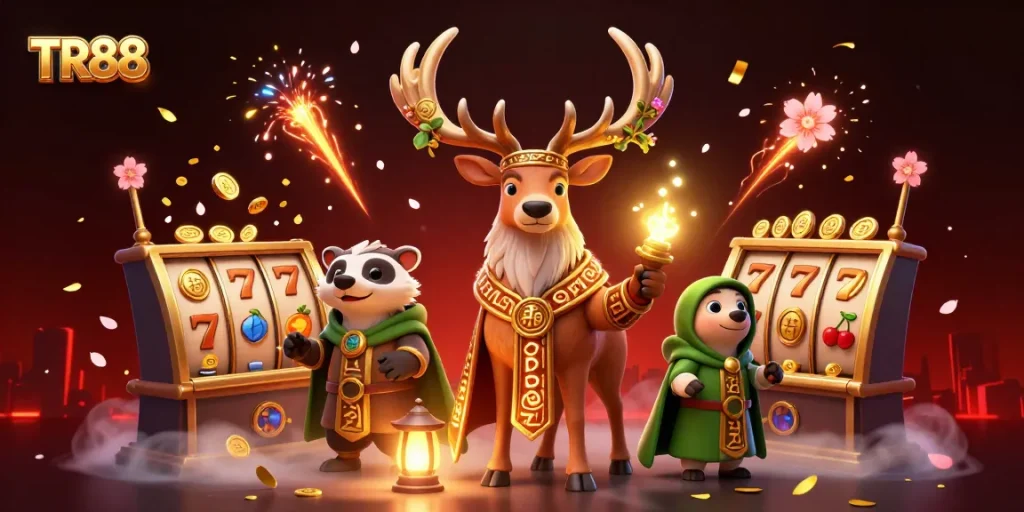 Spin the reels at TR88 with a Celtic druid stag amidst cheerful vibrant gaming symbols.
