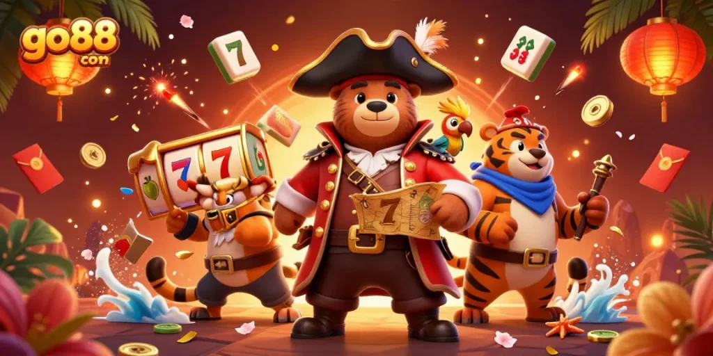 Experience thrilling wins at go88 com with a captivating pirate-themed casino illustration.