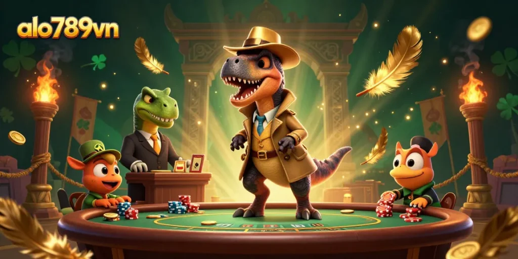 Experience the excitement of alo789vn with our dinosaur-themed casino scene, featuring a velociraptor at the blackjack table.