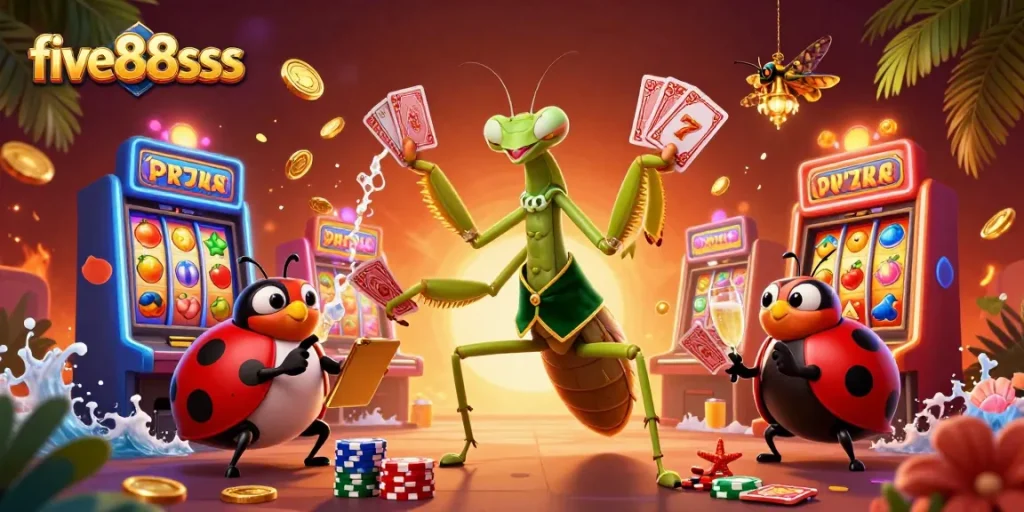 Experience engaging five88sss casino thrills with a 3D praying mantis dealer amidst vibrant gaming elements.