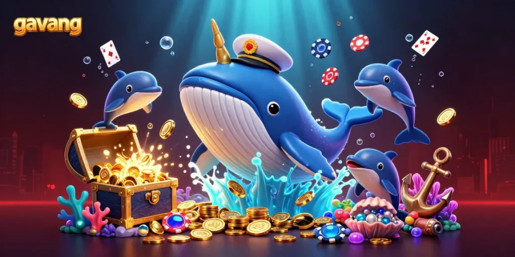 Experience thrilling gambling adventures with Gavang, featuring vivid illustrations of playful sea creatures.