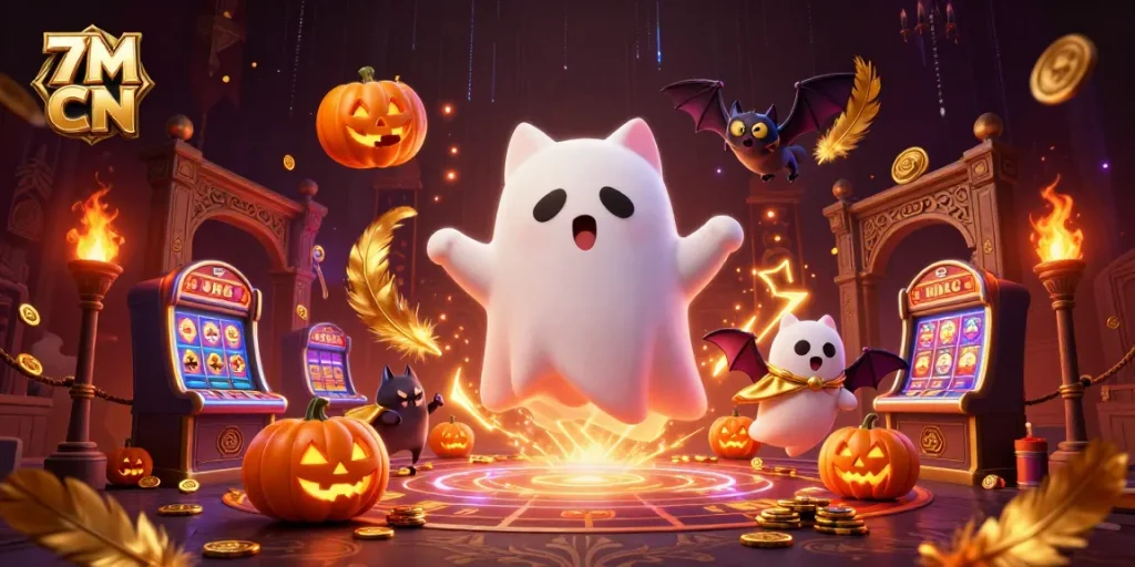 Experience thrilling gameplay at 7M CN with a spellbinding ghost cat and bat in a vibrant casino.