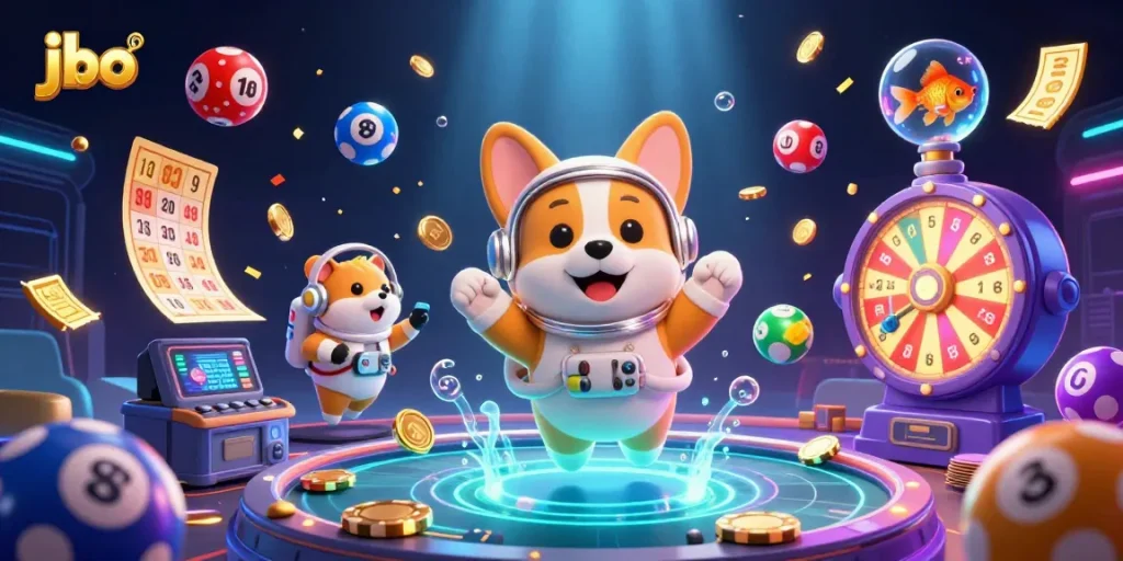 Experience thrilling gaming at jbo with a cosmic scene featuring an astronaut dog in space, lottery elements, and more.
