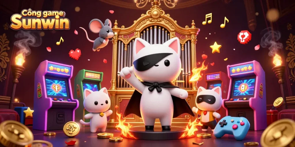 Engage with Cổng game Sunwin's vibrant gaming paradise featuring colorful machines and enchanting characters.