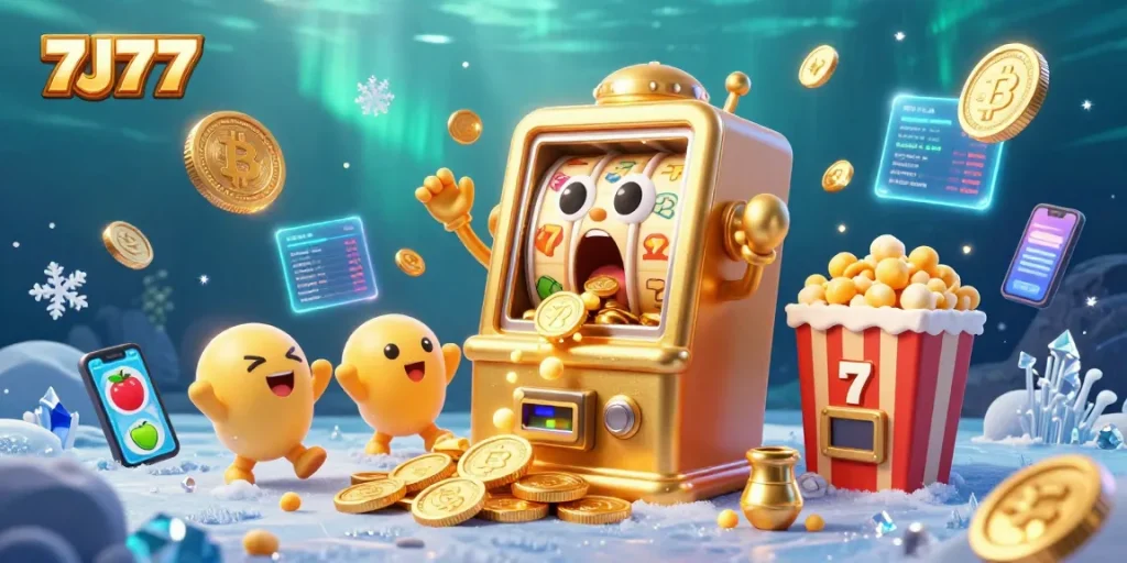 7J77 captures a golden slot machine's shocked moment as coins cascade from its mouth, themed elements and vibrant energy present.