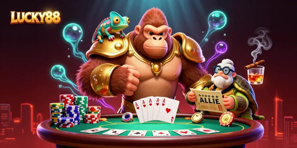 LUCKY88 unleashing excitement with a gorilla king, casino elements, and vibrant colors in this dynamic illustration.