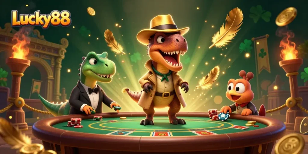 Watch the Lucky88 velociraptor card counter and stegosaurus pit boss in a dynamic casino scene.