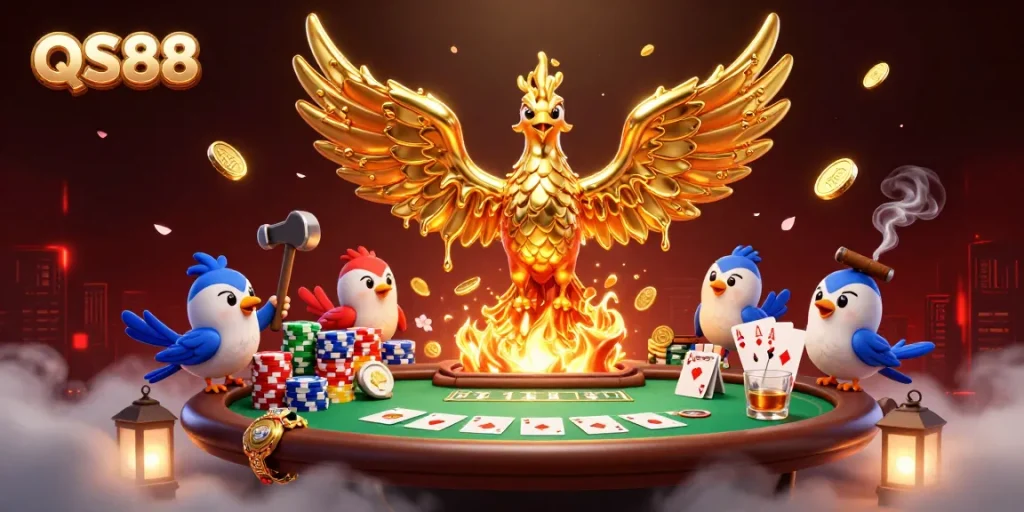 Experience the excitement at QS88 with a molten phoenix and poker elements in a rich casino scene.