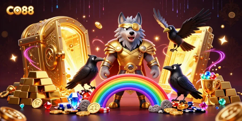 Experience the thrill of CO88 casino with Odin and his ravens amidst treasures!