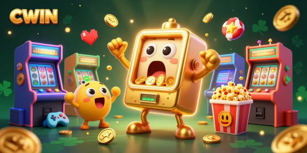 CWIN slot machine hitting a jackpot with coins pouring out, surrounded by festive arcade elements.