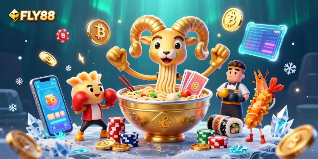 Engage with FLY88's dynamic gaming scene featuring vibrant characters and exciting gambling elements.
