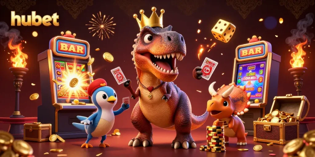 Experience thrilling gaming action with hubet's vibrant casino characters and elements.