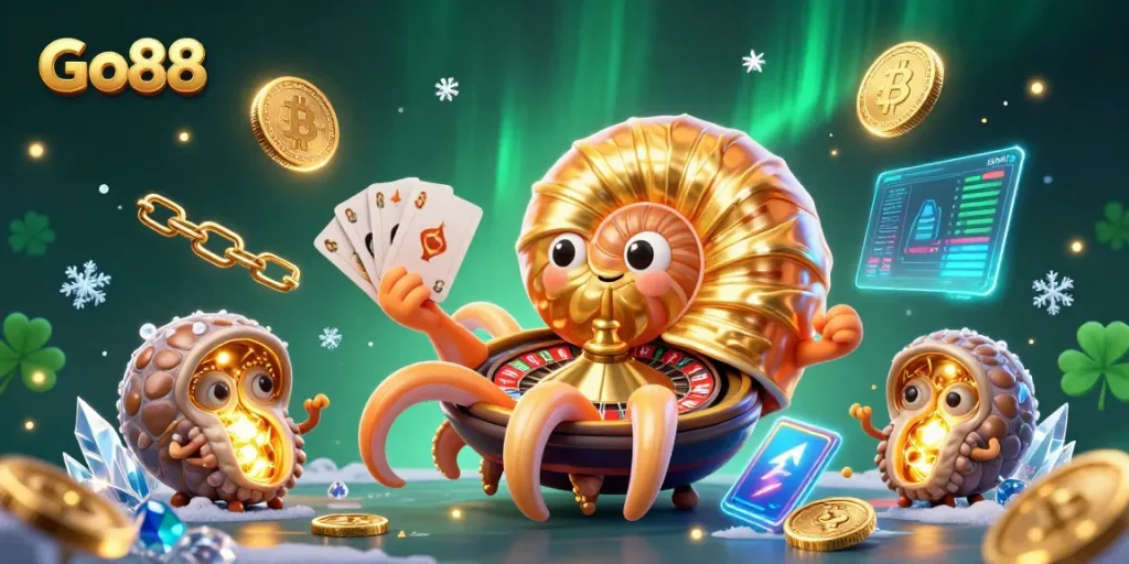 Engage with Go88's thrilling casino experience featuring a golden nautilus roulette wheel and glowing crypto coins.