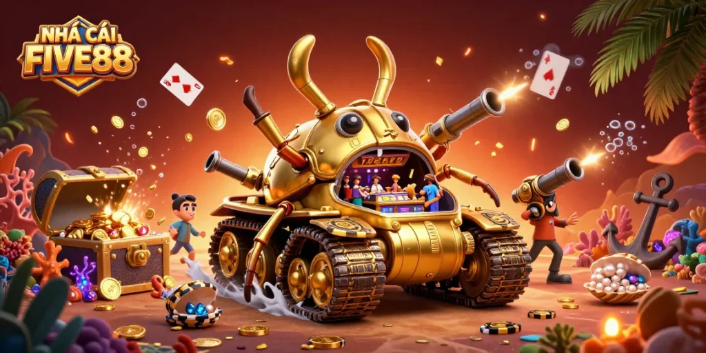 Experience the thrill of NHÀ CÁI FIVE88 with a vibrant 3D casino in a golden beetle tank, surrounded by treasures and games.