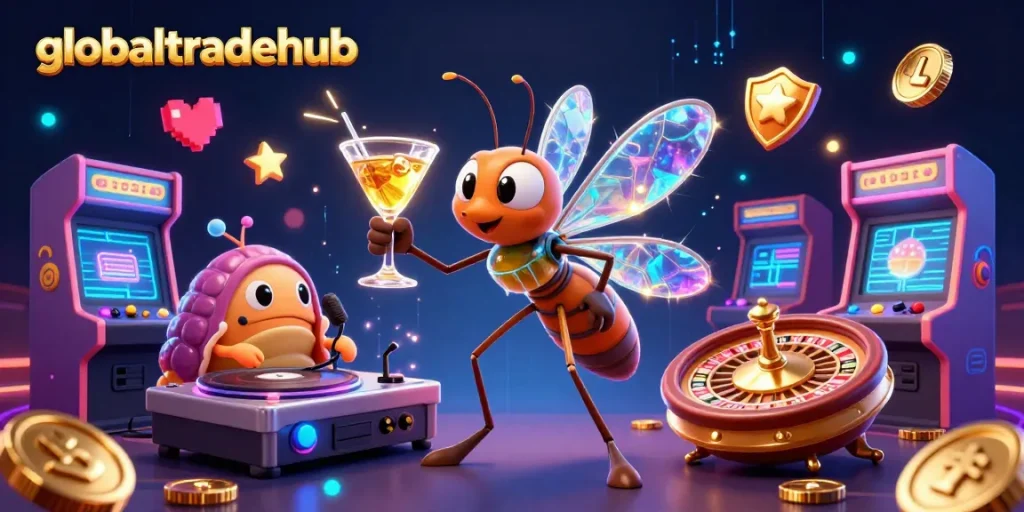 Experience the excitement of globaltradehub with a vibrant 3D digital casino scene filled with dynamic characters and gaming elements.