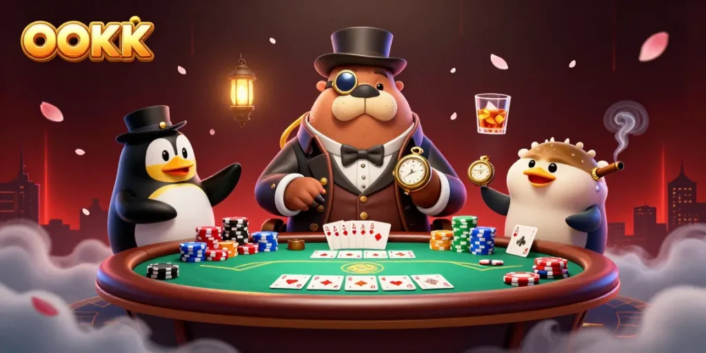 Engage in exciting poker action at OOKK with unique characters and vibrant game elements.