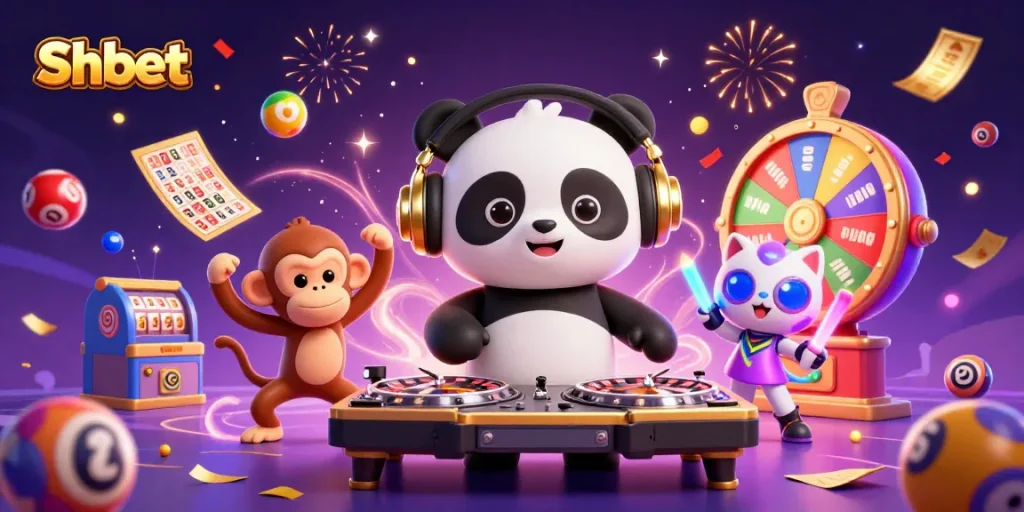 Experience Shbet's vibrant casino atmosphere with a DJ panda, dancing monkey, and rave kitten.