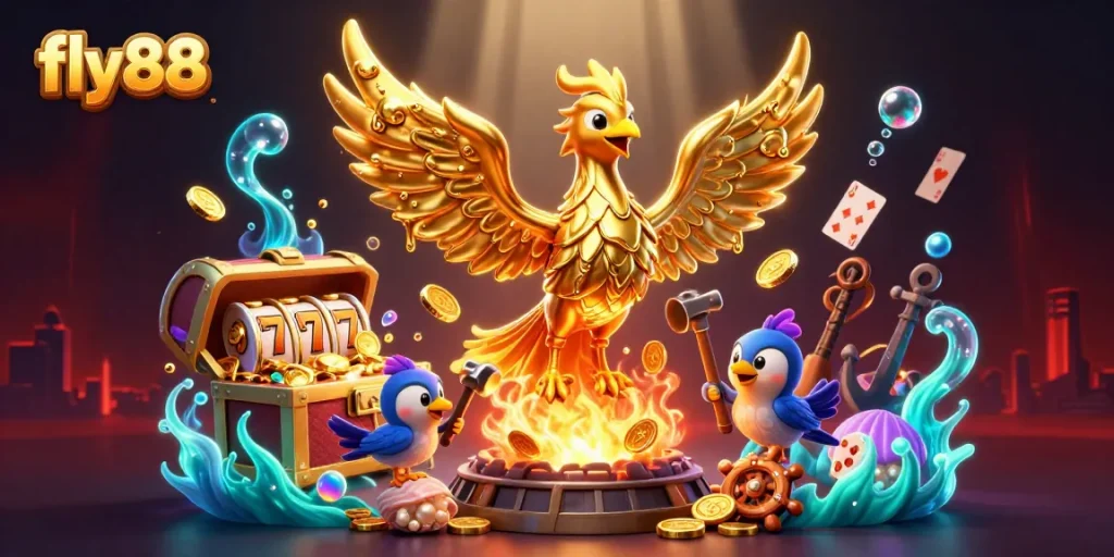 Experience gaming thrills with fly88's vibrant phoenix and treasure, showcasing slot reels and golden coins.