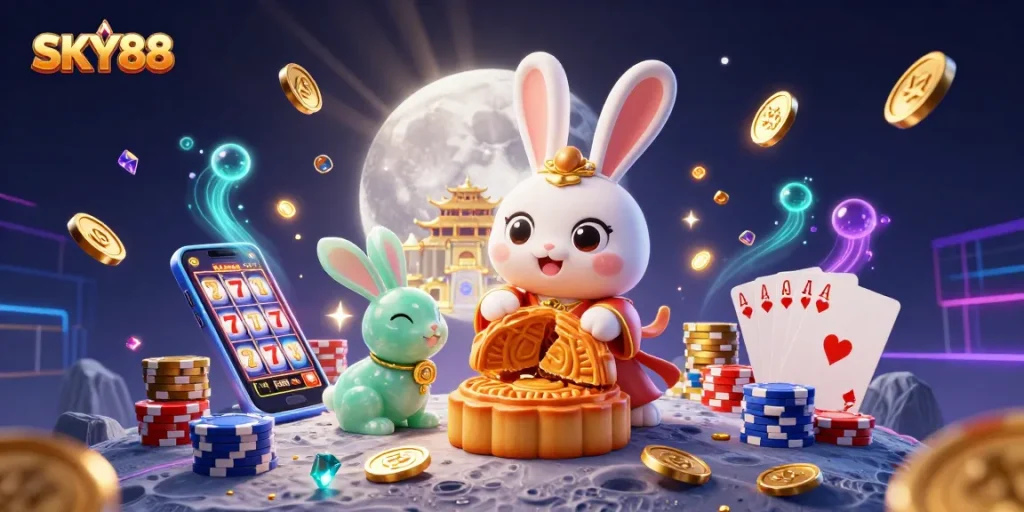 Engage at SKY88 with 3D illustration of lunar gambling feast featuring poker chips and golden coins.