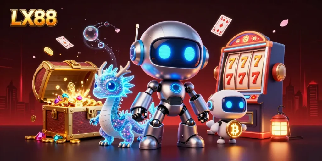 Experience the thrill of LX88 with a mesmerizing 3D casino scene featuring vibrant gaming elements and characters.