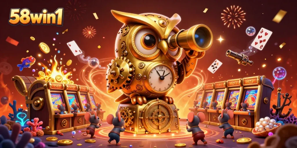 Experience the thrill of winning at 58win1, featuring a golden owl overseeing a vibrant casino scene.