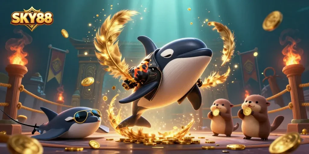 Engage with thrilling gaming adventures at SKY88 featuring playful sea creatures and vibrant casino elements.