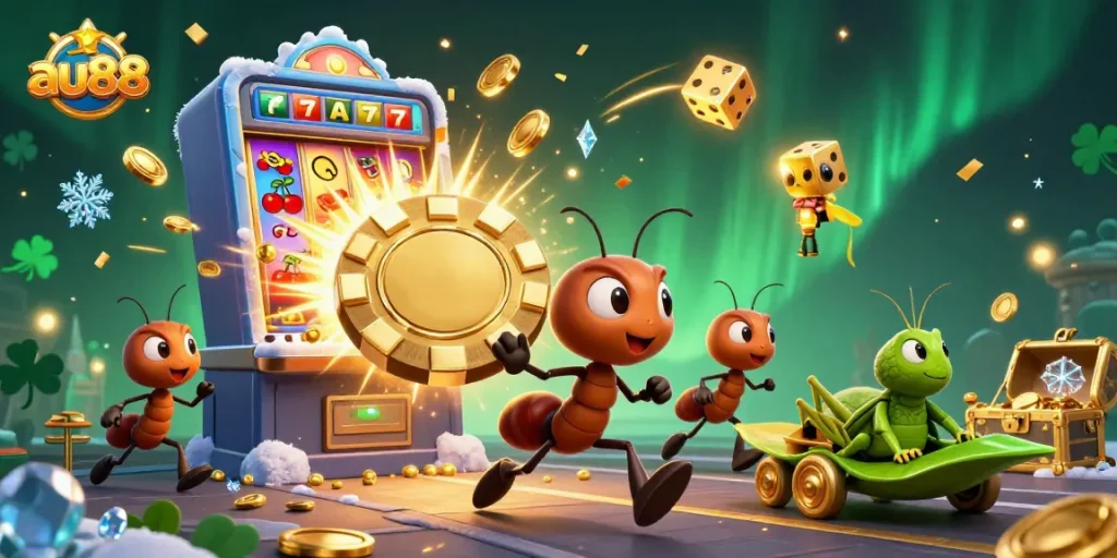 Engaging scene of au88 where ants execute a heist with a giant poker chip and exciting casino elements.
