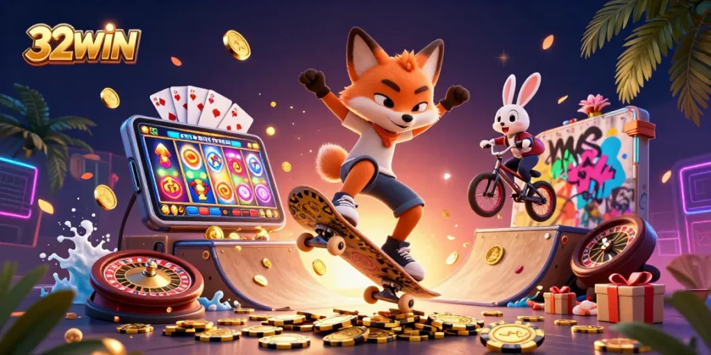 Experience thrilling gaming at 32WIN with vibrant casino-themed 3D illustration.