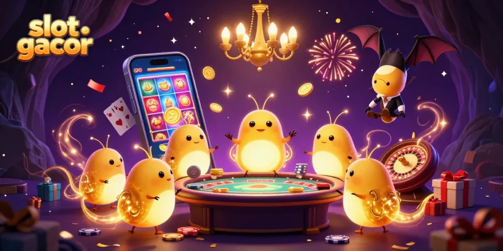 Experience slot gacor action with glowworms lighting up a vibrant casino scene packed with games.