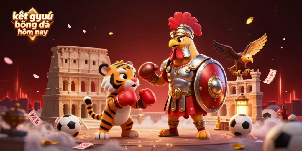 Watch the exciting kết quả bóng đá hôm nay through a lively scene featuring a rooster gladiator, sports elements, and vibrant action.