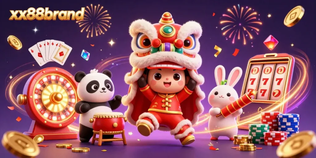 Experience fun and excitement with xx88brand's festive 3D casino illustration featuring casino games and celebratory elements.