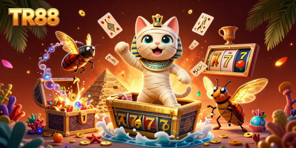 Spin to win with TR88 in an exciting casino scene featuring a mummy cat and vibrant elements.