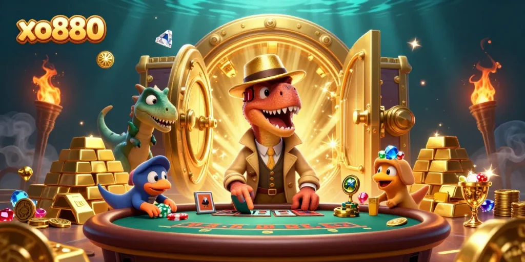 Experience the excitement of xo880 with a thrilling blackjack scene featuring a cartoon velociraptor and dinosaur.