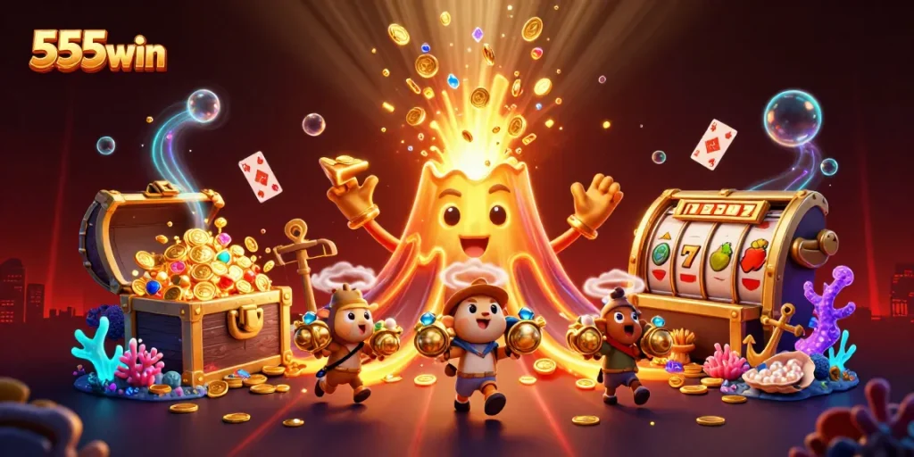 Experience the thrill of 555win with vibrant gaming elements in a treasure-filled volcanic scene.