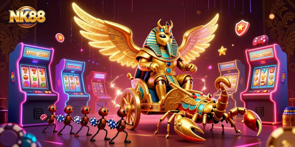 Engage with NK88's dynamic gaming world featuring a golden scarab beetle and jackpot elements.