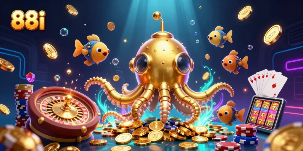 Experience the thrilling adventures of 88i with a golden kraken submarine in a vibrant casino world.