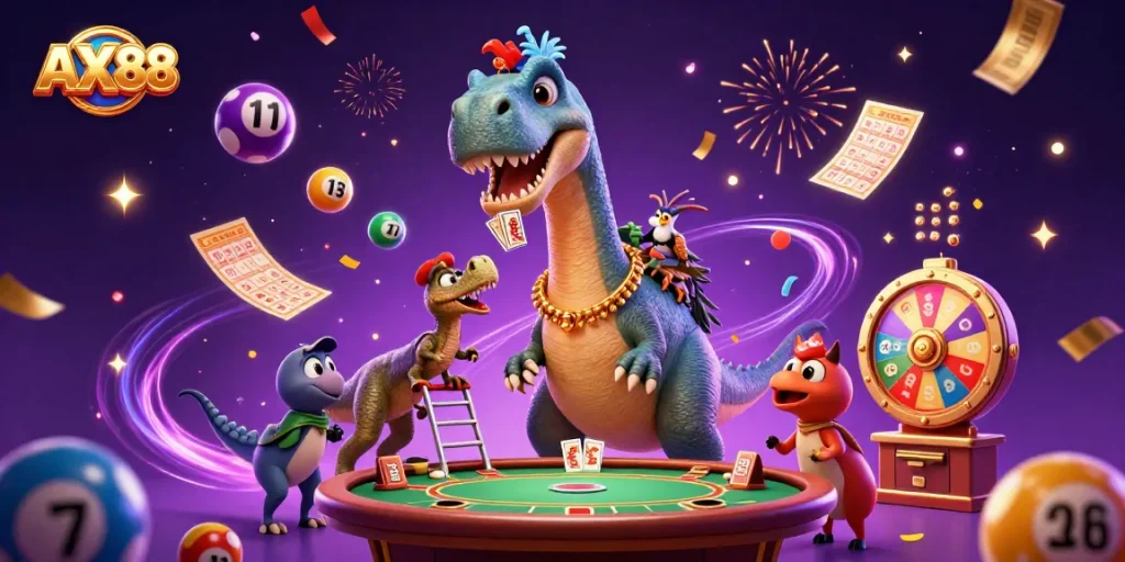 AX88 captures thrilling gaming action with a giant brontosaurus and clever dealer in a bustling casino.