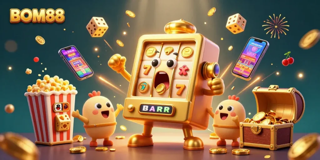 BOM88 slot machine hitting the jackpot, showcasing vibrant casino elements and celebration visuals.